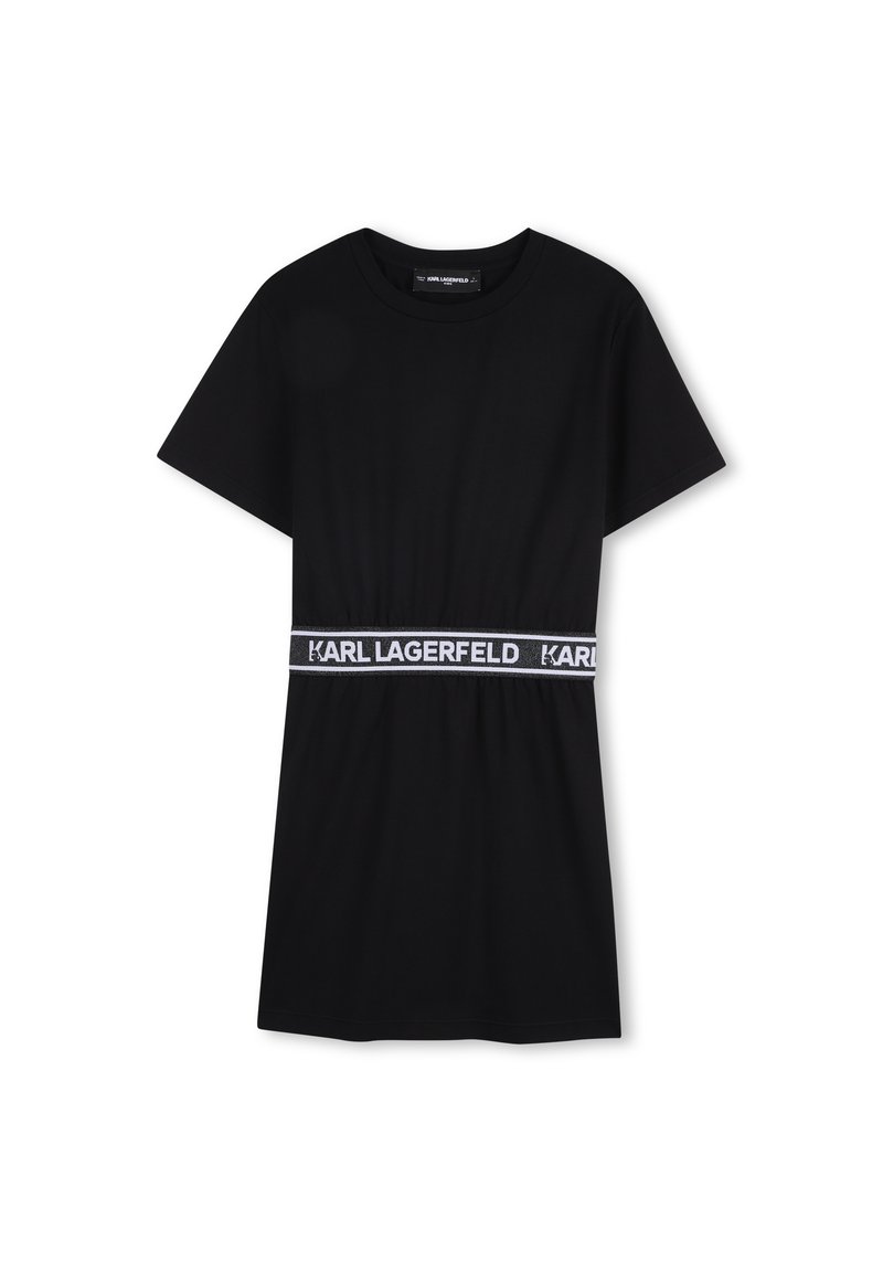 Μαύρο βαμβακερό φόρεμα με κοντά μανίκια και στρογγυλή λαιμόκοψη, με λευκή ελαστική μέση με το λογότυπο "KARL LAGERFELD".