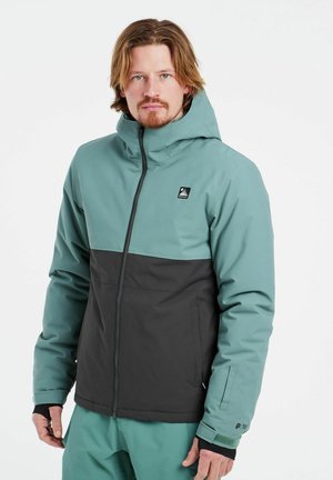 Wasserabweisende Jacke mit oberem Bereich in Türkis und unterem Bereich in Schwarz, Kapuzen-Design, Reißverschluss vorne und elastischen Bündchen mit Innenfutter.
