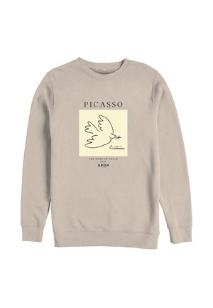 Sweat-shirt beige avec le dessin au trait de Picasso "La Colombe de la Paix" de 1949 représentant une colombe tenant un rameau d'olivier, le texte inclut "A.P.O.H."