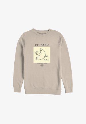 Sudadera beige con el dibujo lineal de 1949 "La Paloma de la Paz" de Picasso, que muestra una paloma sosteniendo una rama de olivo, el texto incluye "A.P.O.H."