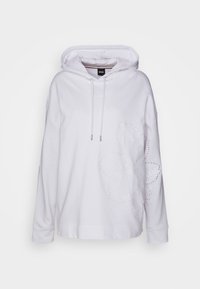 Sweatshirt blanc à capuche avec cordons, petit logo BOSS sur la poitrine, et grand motif floral subtil sur le côté droit.