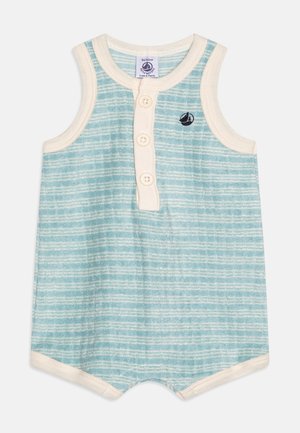 Grenouillère sans manches pour bébé en bleu clair avec des rayures horizontales blanches, bordure crème, trois boutons à l'avant, et petit logo de voilier bleu marine sur la poitrine.
