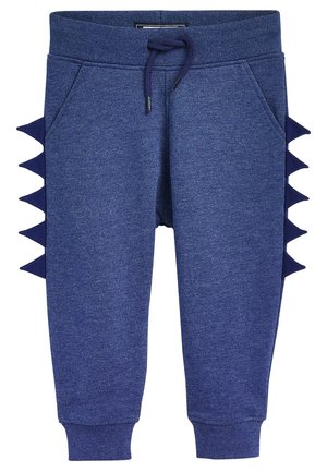 Blauwe kinderset met zijspikes, voorzakken, trekkoord in de taille en geribbelde boorden.