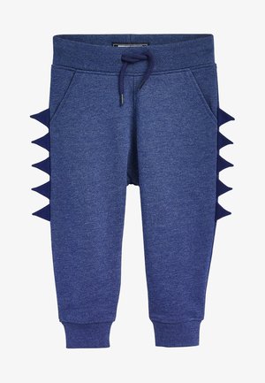 Pantalon de survêtement bleu pour enfants avec épines latérales, poches avant, taille à cordon et poignets côtelés.