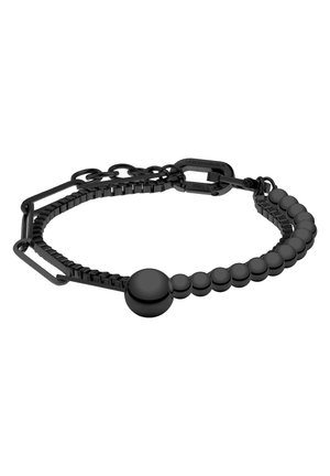 Bracelet en acier noir composé d'un mélange de perles sphériques lisses et de chaînes texturées, avec un mécanisme de fermeture sécurisé.