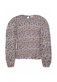 Květinová blůza v odstínech fialové a žluté, s nařaseným materiálem, dlouhými rukávy a malým otvorem ve tvaru klíče na zadní straně.