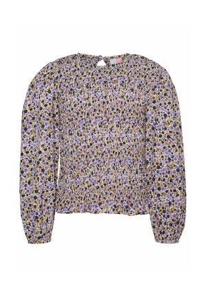 Blommig blus i nyanser av lila och gult, med draperat tyg, långa ärmar och en liten nyckelhålsöppning bak.