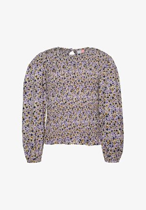 Floral blouse in shades of purple and yellow, featuring gathered fabric, long sleeves, and a small keyhole opening at the back.
