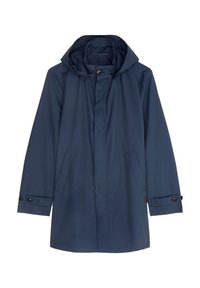 Námořnická modrá lehká pláštěnka s kapucí na šňůrku, předními patentkami a postranními kapsami. Má nastavitelný manžety a hladkou texturu.