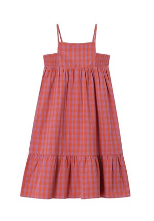 Robe sans manches avec bretelles réglables, motif à carreaux orange et violet, côtés smockés et ourlet volanté en bas.