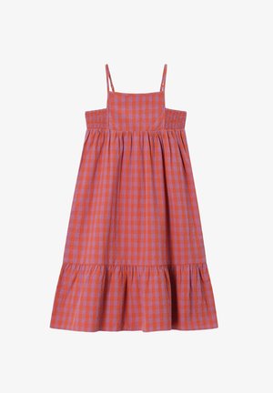 Robe sans manches avec bretelles réglables, motif à carreaux orange et violet, côtés smockés et ourlet volanté en bas.