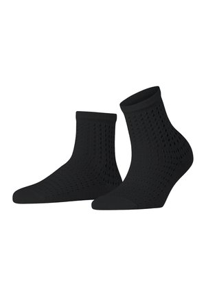 Black ankle socks with a textured, open-knit design. Features a reinforced toe and ribbed cuff for a secure fit. Soft material.