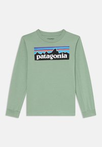 Majica dugih rukava u svijetlozelenom pamuku s okruglim izrezom. Sadrži grafiku planine i crni "patagonia" logo na kontrastnoj pozadini.