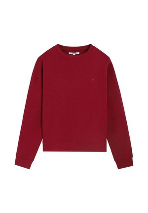 Pull rouge foncé uni à manches longues avec col rond, poignets et ourlet côtelés, et un petit logo brodé sur le côté gauche de la poitrine.