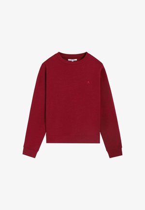 Prosty ciemnoczerwony sweter z długim rękawem i okrągłym dekoltem, z prążkowanymi mankietami i dołem oraz małym haftowanym logo na lewej piersi.