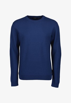 Navyblauwe gebreide trui met een ronde halslijn, lange mouwen, textuurstof en geribbelde manchetten en onderkant. Logo onderaan weergegeven.