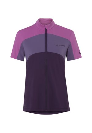 Short-sleeve cycling jersey featuring a zip front, color-block design in shades of pink and purple, and a logo on the chest.