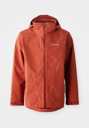 Rød vanntettjakke med hette, glidelås foran, to side lommer og Berghaus-logo på øvre bryst. Glatt tekstur.