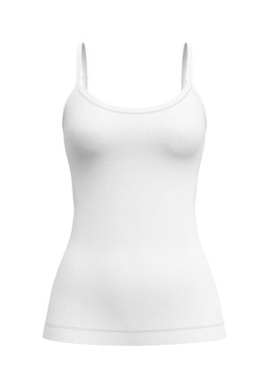 Weißes Baumwoll-Top mit dünnen Trägern, einem taillierten Oberteil und einer glatten Textur. Es zeichnet sich durch ein schlichtes, nahtloses Design ohne Muster oder Verzierungen aus.