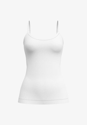 Weißes Baumwoll-Top mit dünnen Trägern, einem taillierten Oberteil und einer glatten Textur. Es zeichnet sich durch ein schlichtes, nahtloses Design ohne Muster oder Verzierungen aus.