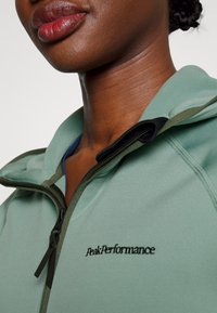 Veste zippée vert clair à capuche, avec une fermeture éclair noire et un logo brodé sur le côté gauche de la poitrine. Texture lisse.