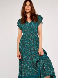 Teal blomster midi kjole med korte flæser æermer, v-hals, knapper og en lagdelt skirt med en blondekant. Mønsteret inkluderer røde og gule blomster.