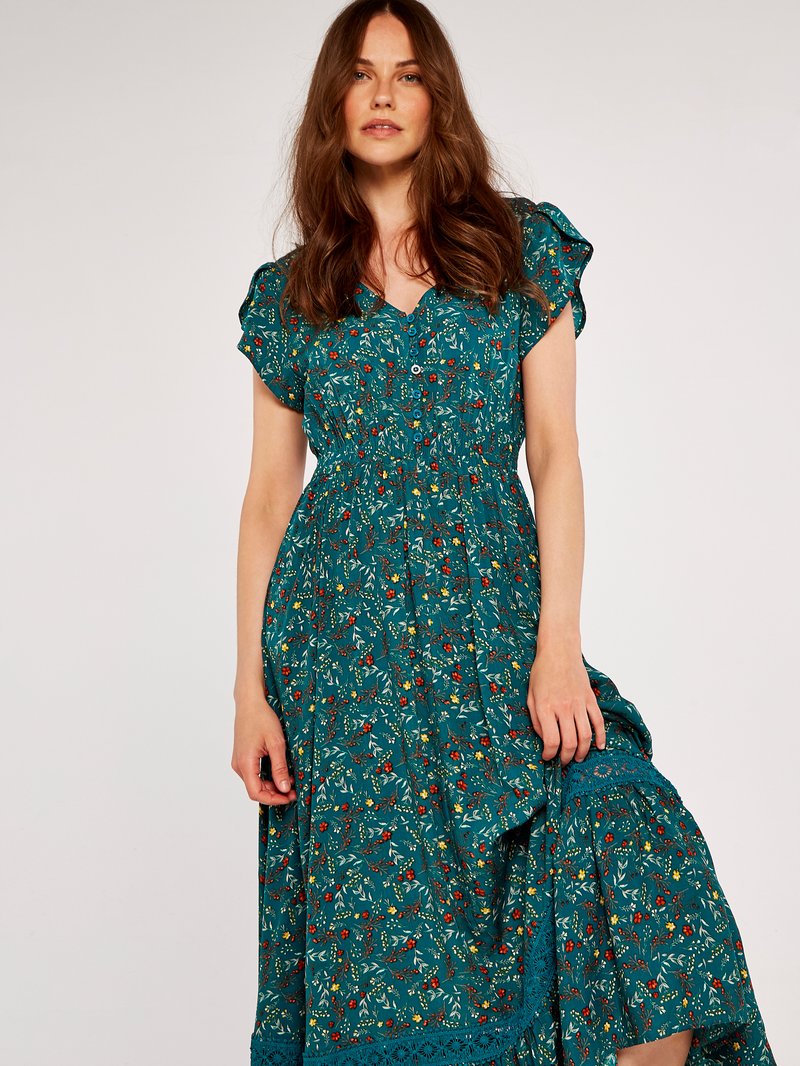 Teal blomster midi kjole med korte flæser æermer, v-hals, knapper og en lagdelt skirt med en blondekant. Mønsteret inkluderer røde og gule blomster.