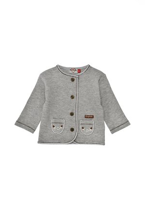 Graue Babystrickjacke mit langen Ärmeln, vier Knöpfen und zwei Vorderaschen mit Katzenmuster-Stickerei.