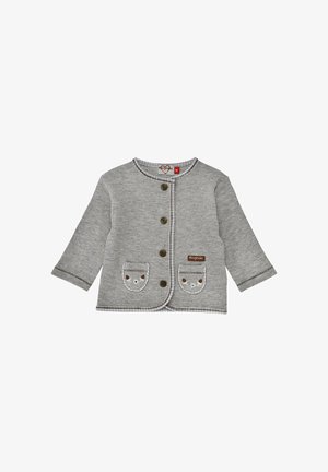 Gray baby cardigan with long sleeves, four buttons, and two front pockets featuring cat face embroidery.