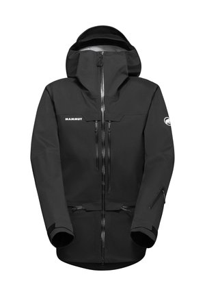 Veste imperméable noire avec un col haut, fermeture éclair à l'avant, capuche ajustable et deux poches zippées. Comprend un logo sur la poitrine et les manches.