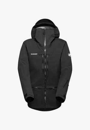 Black waterproof jacket with a high collar, front zip, adjustable hood, and two zippered pockets. Features logo on the chest and sleeves.