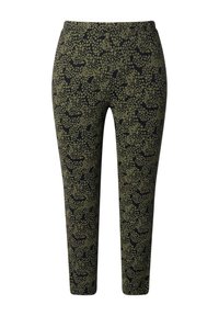 Pantaloni slim-fit con motivo a pois irregolari in nero e verde oliva, vita elastica e gambe affusolate.
