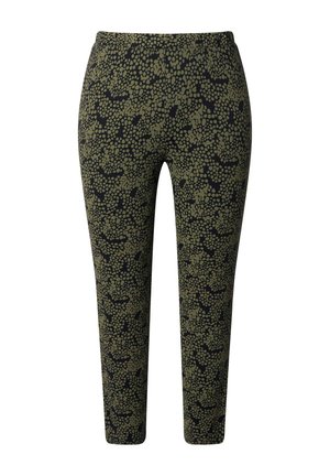 Pantalones ajustados con un patrón irregular de puntos en negro y verde oliva, cinturilla elástica y piernas ajustadas.