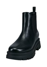 Schwarze Lederknöchelstiefel mit elastischen seitlichen Einsätzen, robuster schwarzer Sohle und einer Schlaufe an der Rückseite. Glatte Textur mit einem runden Zehendesign.