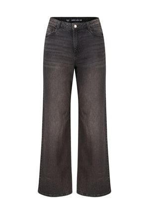 Jean en denim noir à jambes larges avec fermeture avant par bouton et zip, poches avant et légère décoloration aux cuisses et aux genoux.