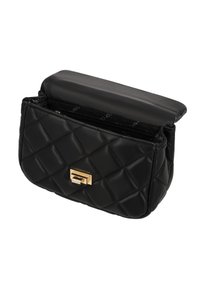Schwarze gesteppte Handtasche mit glänzender Oberfläche, Goldelementen und einem Klappenverschluss. Das Innere verfügt über ein Reißverschlussfach.