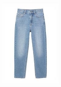 Jean bleu clair taille haute à jambes droites avec fermeture à bouton et fermeture éclair, poches avant et arrière, présenté sur fond blanc.