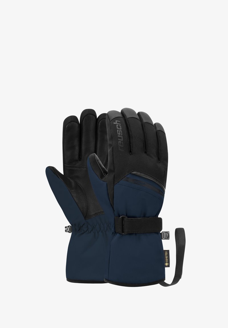 Varmt handskar gjorda av blått textil och svart läder, med en tät passform, elastisk manschett och ett handledsrem för säker användning.