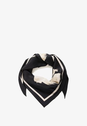 Pañuelo de seda con base negra y un patrón abstracto en crema, bordeado con un delgado marco en crema y negro. Forma triangular, textura suave.