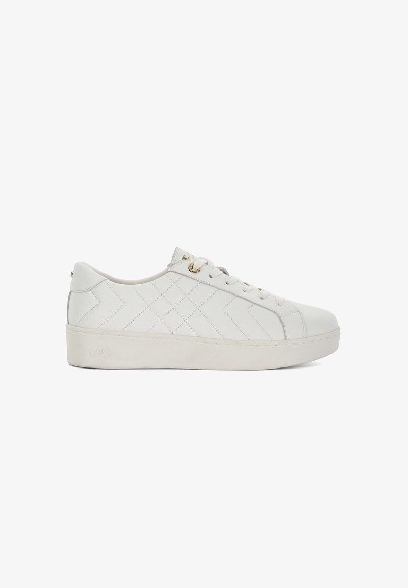 White leather sneaker with quilted pattern, round toe, flat sole, and gold eyelets. Features a smooth texture and minimal design.