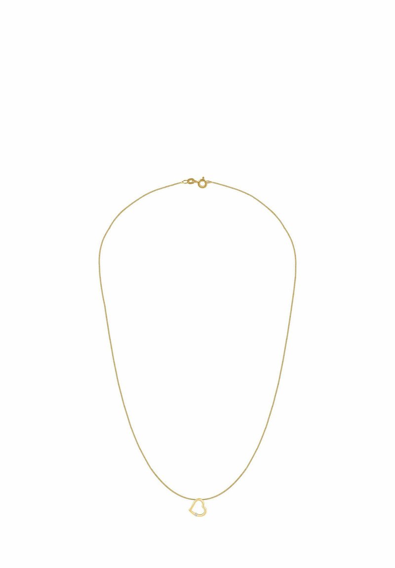 Collana placcata in oro con una sottile catena, pendente a forma di cuore e una piccola pietra decorativa. Design semplice, stile minimalista.