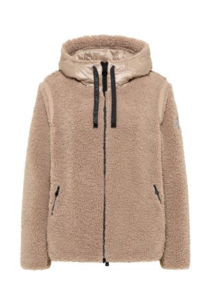 Beige Kunstfelljacke mit einer glänzenden beige Kapuze, schwarzen Reißverschlüssen und Kordelzügen. Verfügt über seitliche Taschen und strukturierte Stoffdetails.