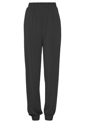 Black elasticated waistband trousers with tapered ankles, made from soft, lightweight fabric. Features a subtle logo on the side.