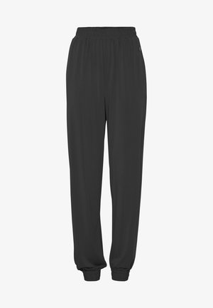 Pantalons avec taille élastiquée noire et chevilles resserrées, fabriqués en tissu léger et doux. Comprend un logo discret sur le côté.