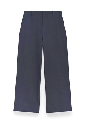 Pantaloni a gamba larga blu navy con una texture liscia, caratterizzati da un frontale piatto, passanti per cintura e un orlo pulito. Senza motivi o accenti visibili.