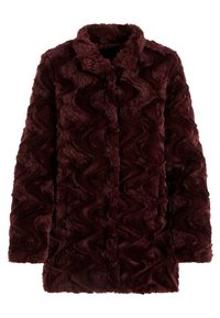Długie rękawy, ciemno burgundowy płaszcz z futra sztucznego z wzorem w zygzaki, posiadający kołnierz i prosty krój.