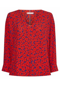 Rote Bluse mit langen Ärmeln, blauem Hintergrund und dichtem roten Blumenmuster, V-Ausschnitt und Tommy Hilfiger Etikett im Kragen.