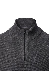 Grijze zip-up pullover met een gestructureerd breipatroon, hoge kraag en een korte rits bij de hals. Zachte stof met een gestructureerd ontwerp.