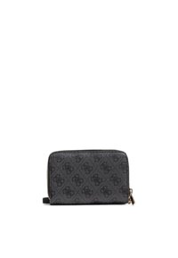 Portafoglio nero con texture caratterizzato da un sottile motivo a logo, chiusura con zip e un piccolo cinturino per polso. Materiale resistente con una forma rettangolare elegante.