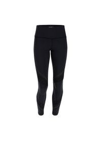 Leggings neri con una vita alta, tessuto morbido e accenti testurizzati in un motivo contrastante lungo i lati.